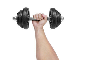 Obraz na płótnie Canvas hand holding black dumbbells isolated on white with text input area