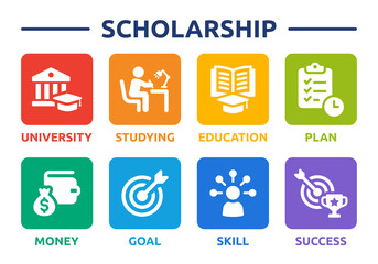 Scholarship icon set banner. Containing University, studying, education, plan, money, goal, skill and success icon vector illustration.