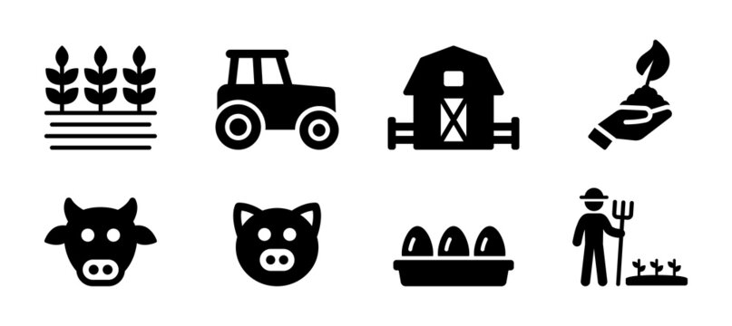 Agriculture vector set. Containing rice field, tractor, farm, harvest, cow, pig, eggs and farmer icon in black design.