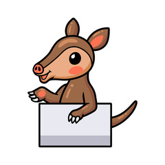 Cute little aardvark cartoon with blank sign