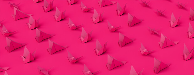 Collection of Pink Origami Birds on Pink Background. Contemporary Design with Folded Paper Birds.