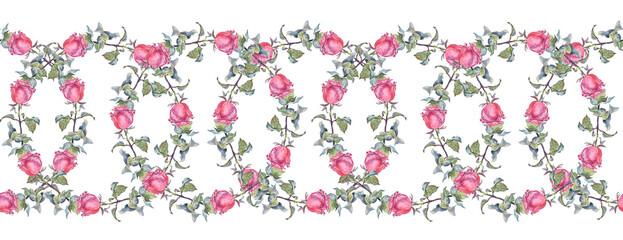 Obraz na płótnie Canvas Seamless border with watercolor circle weave chain for frame. Branch with flower pink rose and leaves on white background. Hand-drawn summer plant. Art with copy space. Art for wedding invitation