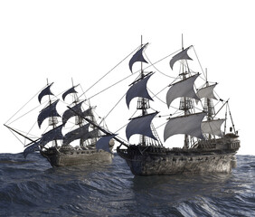 sea battle, sailing pirate ship sailing on the sea 3D render © de Art