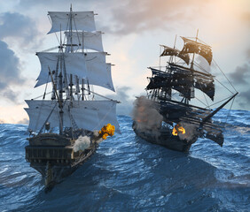 sea battle, sailing pirate ship sailing on the sea 3D render - obrazy, fototapety, plakaty
