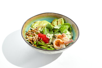 Healthy food - poke bowl with prawn, rice, fresh vegetables, edamame beans, soybean sprouts . Traditional dish Hawaiian cuisine. Poke bowl with shrimp isolated on white background. Dinner for slimming