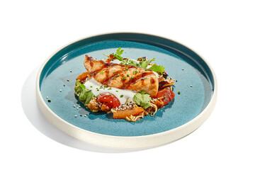 Healthy food - baked salmon steak with tomato salad and white sauce. Roast salmon with vegetables on contemporary plate in asian style. Restaurant dish - salmon filet with hard shadow.