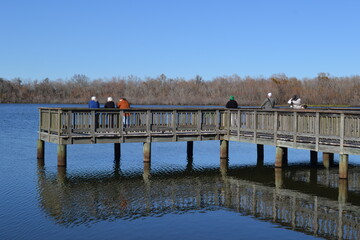 People watching birds on the fishing pier, White Lake, Cullinan Park Conservatory, Sugar Land, Texas