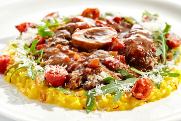 Traditional Italian dish - osso buco with risotto Milanese and cherry tomato and rucola. Ossobuco with saffron rice isolated on white background. Stewed meat on bone with yellow risotto.