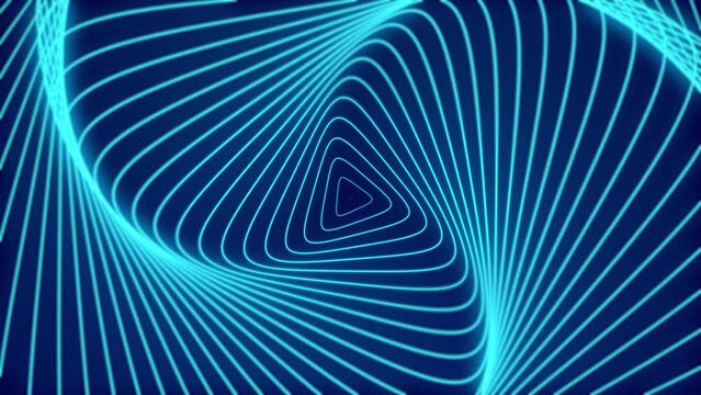 Minimal thin neon spiral in infinite rotation. Shiny Triangular in blue neon color. Seamless loop animation