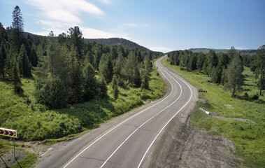 Aerial photo of Chui tract or Chuya Highway near Seminsky mountain pass.