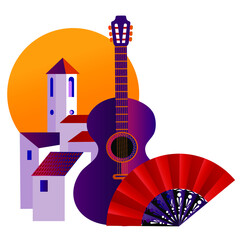 andalusian town with guitar and red fan vector illustration - 500348832