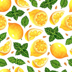 Lemon and mint leaves seamless watercolor pattern. Fresh garden citrus whole, half, slice. Exotic dessert with juicy pulp, seeds. Ripe sour fruit and spicy summer herb. Hand drawn illustration