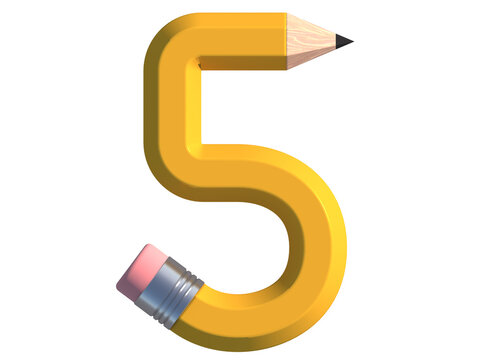 3d render of Alphabet number Five, made of pencil in yellow color, high resolution image with isolated white background 