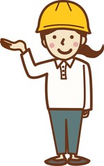 手を上げる、ヘルメットをかぶった笑顔の作業員の女性。