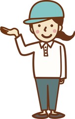 手を上げる、帽子をかぶった笑顔の作業員の女性。