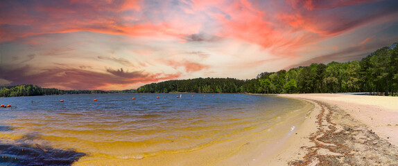 a stunning panoramic shot of a sandy beach on the banks of a rippling lake surrounded lush green...