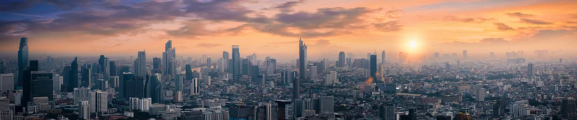 Fototapete Rund High angle view of tall buildings Condominium in Bangkok city at sunrise. Skyline top view Downtown city of thailand asian. © Panya Studio