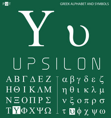 Greek alphabet and symbols, upsilon letter with pronunciation - obrazy, fototapety, plakaty