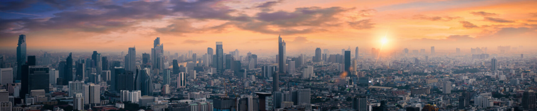 High angle view of tall buildings Condominium in Bangkok city at sunrise. Skyline top view Downtown city of thailand asian.