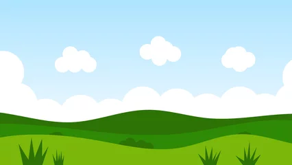 Gardinen Landschaftskarikaturszene mit grünen Hügeln und weißer Wolke im Hintergrund des blauen Himmels des Sommers © piggu