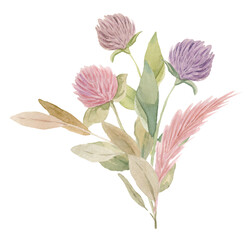 Wild flowers bouquet (arrangement) with clover flowers - hand painted watercolor illustration.
