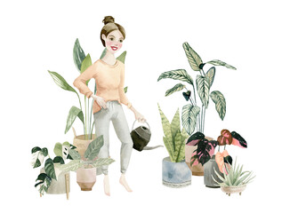 Girl watering plants - Hand painted watercolor illustration.