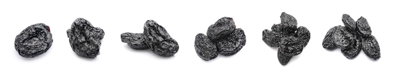 Set of tasty prunes on white background