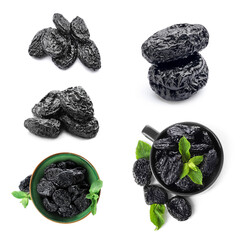 Set of tasty prunes on white background