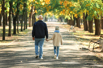 Little girl with her grandfather walking in park, back view - Powered by Adobe