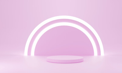 Pink purple geometry pedestal for display. Empty product stand with a geometrical shape. minimal style. 3d render illustration.
