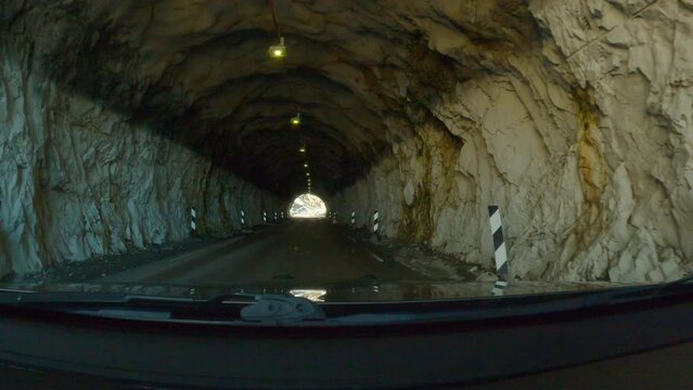 Driving through the Norwegian tunnel kleivodden towards bleik on the Scenic route on Andoya in Vesteralen Norway.