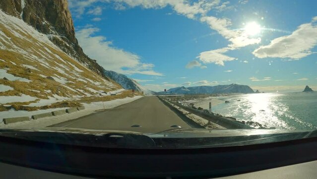 Driving through the most dangerous part of the scenic route on andoya, Stone avalanche area towards Bleik, Norway 4k.