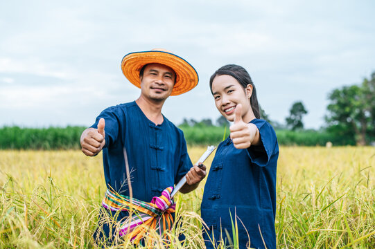 Asian farmer couple point finger and looking ribe rice in field