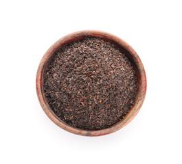 Bowl with dry tea leaves isolated on white, top view