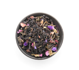 Bowl with dry tea leaves and flowers isolated on white, top view