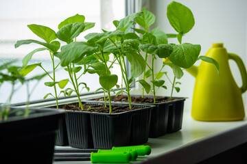 Box with seedlings is on windowsill at home. Growing vegetables eggplant sprouts from seeds at home.