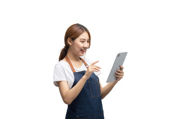 Asian woman entrepreneur or shop owner holding a tablet computer with an excited face. isolate on a white background. clipping path in side.