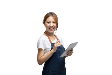 Asian woman entrepreneur or shop owner holding a tablet computer with an excited face. isolate on a white background. clipping path in side.