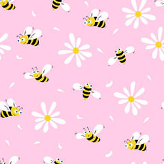 Daisy and bees seamless pattern on a pink background. Flowers, petals and cartoon bees. Vector illustration. 