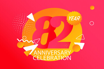 82 year anniversary celebration logotype. anniversary logo with orange and white color isolated on black background, vector design for celebration, invitation card, and greeting card - Vector