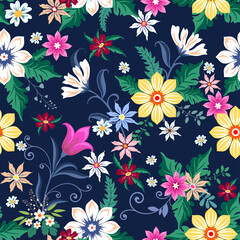 Fototapeta na wymiar Vector illustration of a floral pattern. Flowers and grass on a blue background.
