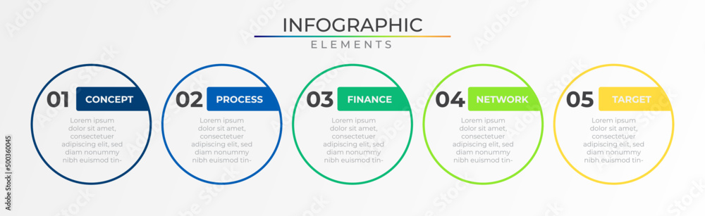 Wall mural business modern circular five steps infographic design vector. horizontal row concept network projec
