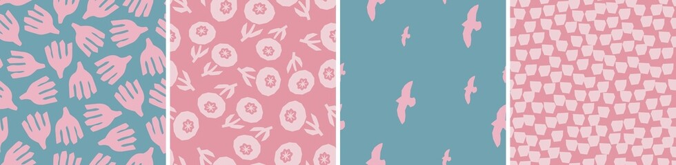 Set of floral vector seamless patterns. Bright abstract background