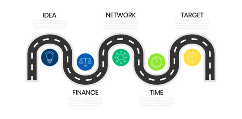 Roadmap timeline business infographic design vector with icons. Horizontal row five steps connect network project template for presentation and report.	
