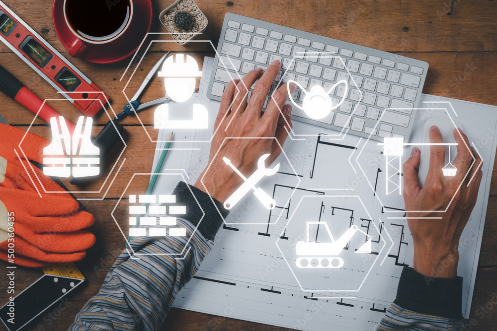Poster construction concept, top view, engineer person working on computer with vr screen building icon, bl