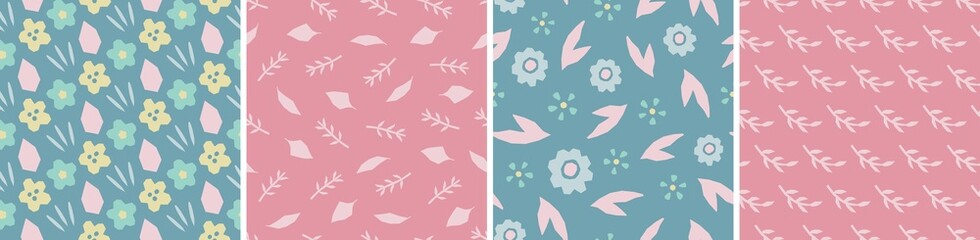 Fototapeta na wymiar Set of floral vector seamless patterns. Bright abstract background