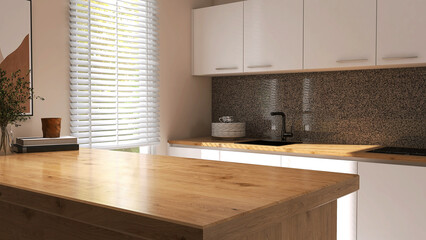 3D render, perspective of white kitchen cabinet set with blank empty wooden island for household product overlay mock up. Background, Window, Sunlight, Countertop, Wood grain, Apartment, Home, Space.