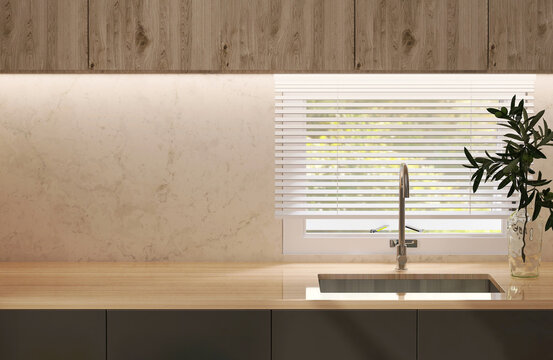 Realistic 3D render front view of blank empty scandinavian style wooden kitchen countertop with washing sink and faucet, by the window, oak wood cabinet set. Morning sunlight, Blind curtains, Overlay.