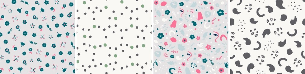 Collection of cute botanical seamless patterns. Spring summer illustrations