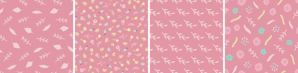 Collection of cute botanical seamless patterns. Spring summer illustrations